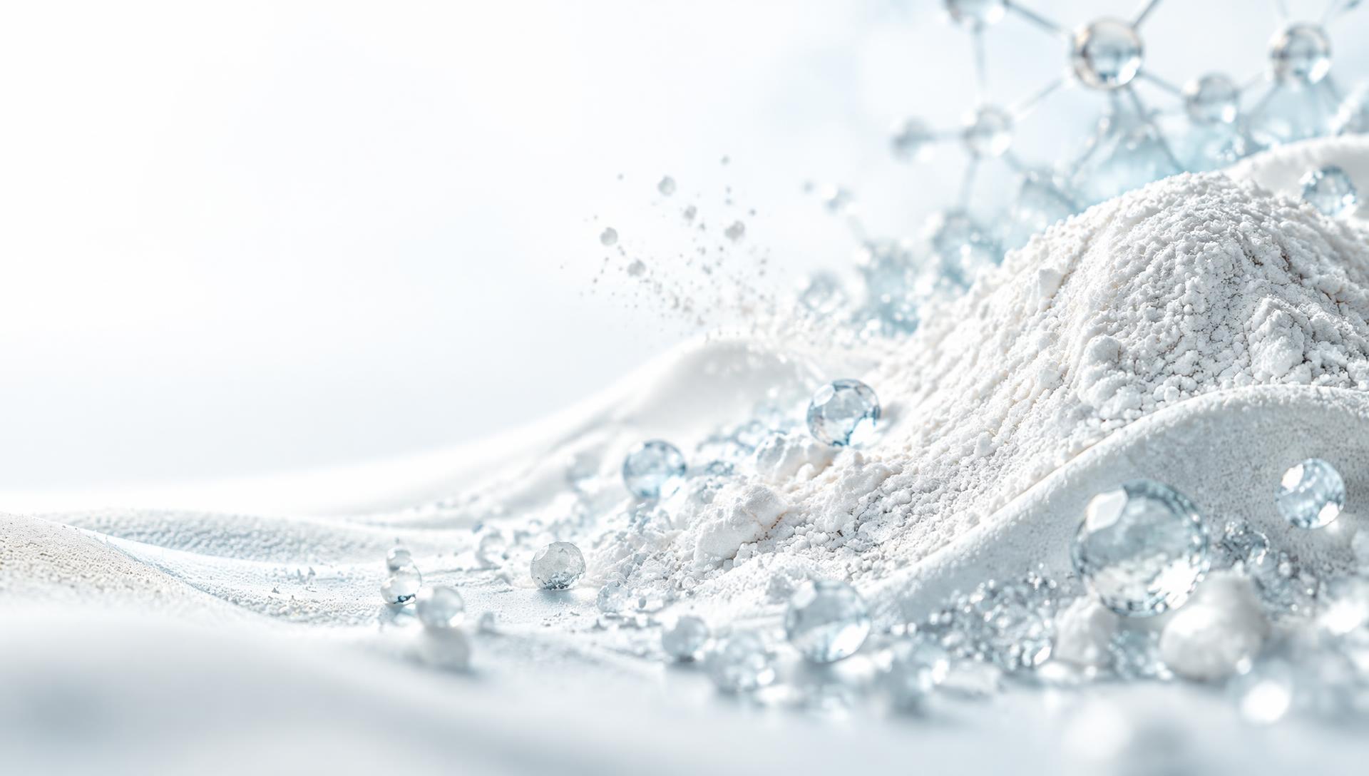 Protein powder and crystalline structures representing advanced nutrition science